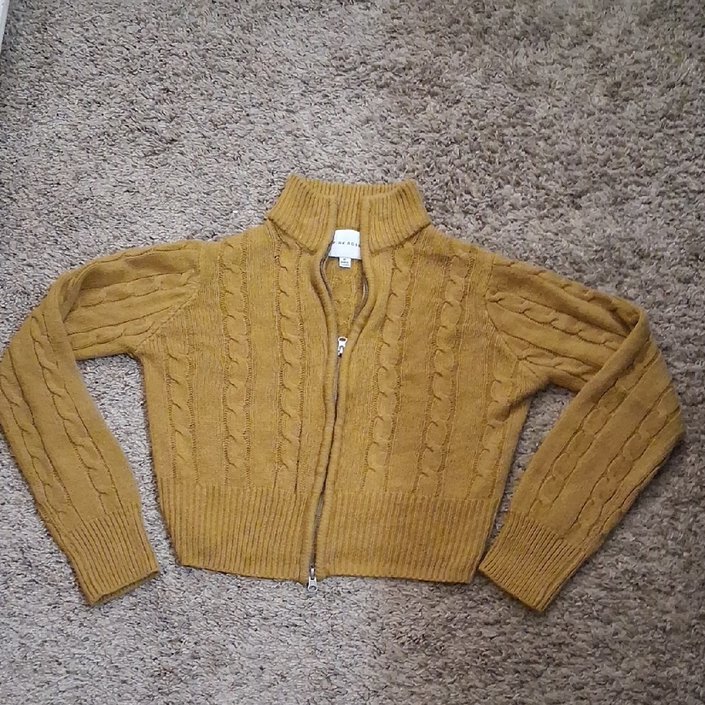 Pink Rose Yellow Cable Knit Cardigan Sweater